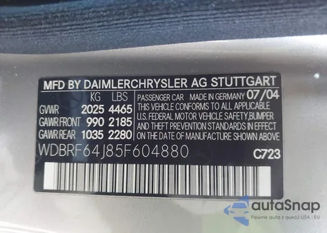 2005 Mercedes-Benz C 320 Luxury/Sport z USA, uszkodzony, nr VIN WDBRF64J85F604880